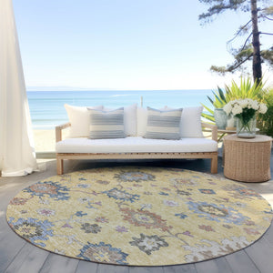 Homeroots 3' Stunning Chocolate Beige And Blue Floral Washable Area Rug For Indoor Or Outdoor Spaces 8' Round Polyester 606154