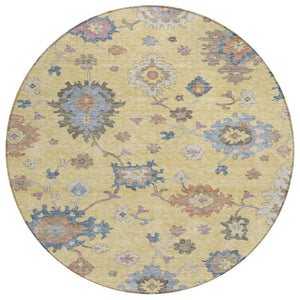 HomeRoots 5' Elegant Gold Brown and Blue Floral Area Rug - Durable, Washable Design for Indoor/Outdoor Use! 8' Round 606154