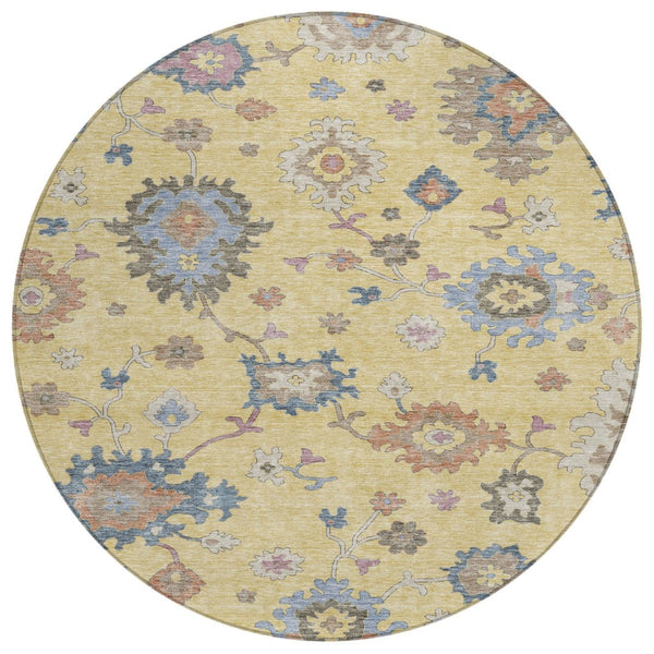 HomeRoots 5' Elegant Gold Brown and Blue Floral Area Rug - Durable, Washable Design for Indoor/Outdoor Use! 8' Round 606154