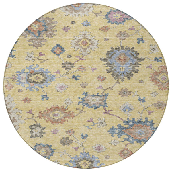 Homeroots 3' Stunning Chocolate Beige And Blue Floral Washable Area Rug For Indoor Or Outdoor Spaces 8' Round Polyester 606154