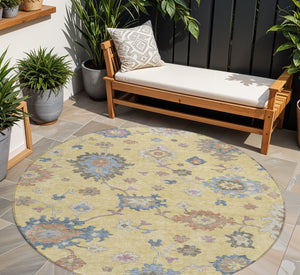 Homeroots 3' Stunning Chocolate Beige And Blue Floral Washable Area Rug For Indoor Or Outdoor Spaces 8' Round Polyester 606154