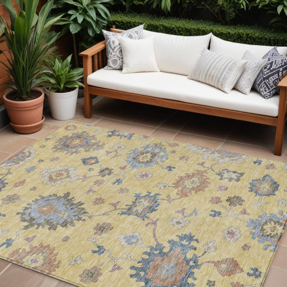 HomeRoots 9' X 12' Floral Area Rug - Gold, Brown & Blue, Washable, Durable for Indoor & Outdoor Spaces! 606156