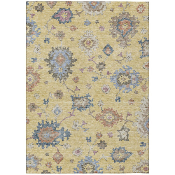 HomeRoots 5' Elegant Gold Brown and Blue Floral Area Rug - Durable, Washable Design for Indoor/Outdoor Use! 10' X 14' 606157