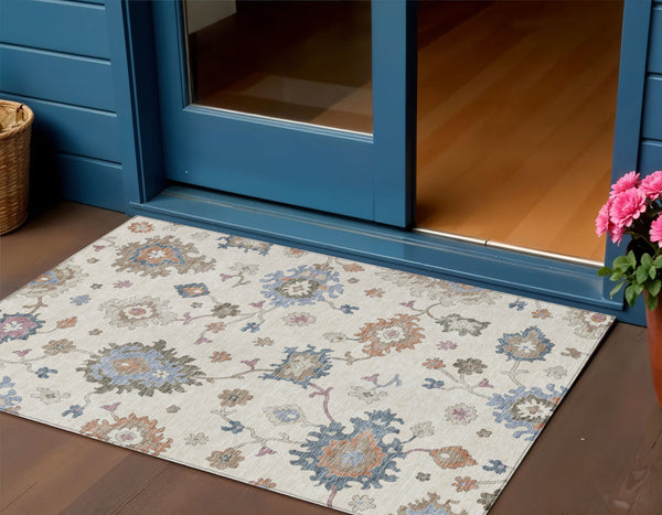Homeroots 3' Stunning Chocolate Beige And Blue Floral Washable Area Rug For Indoor Or Outdoor Spaces 3' X 5' Polyester 606158