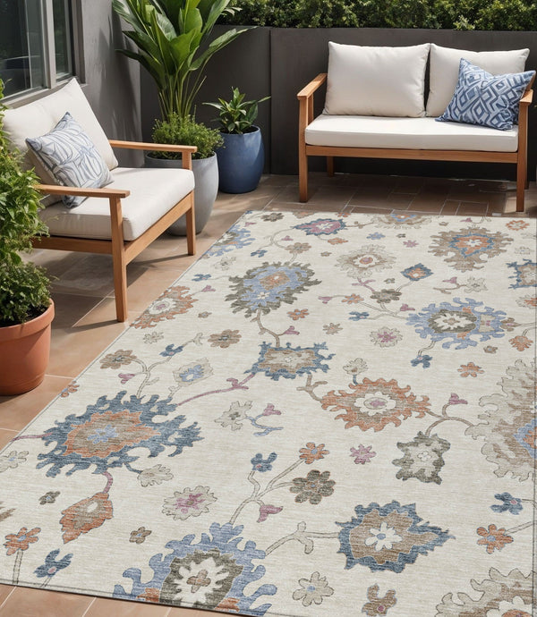Homeroots 3' Stunning Chocolate Beige And Blue Floral Washable Area Rug For Indoor Or Outdoor Spaces 5' X 8' Polyester 606159