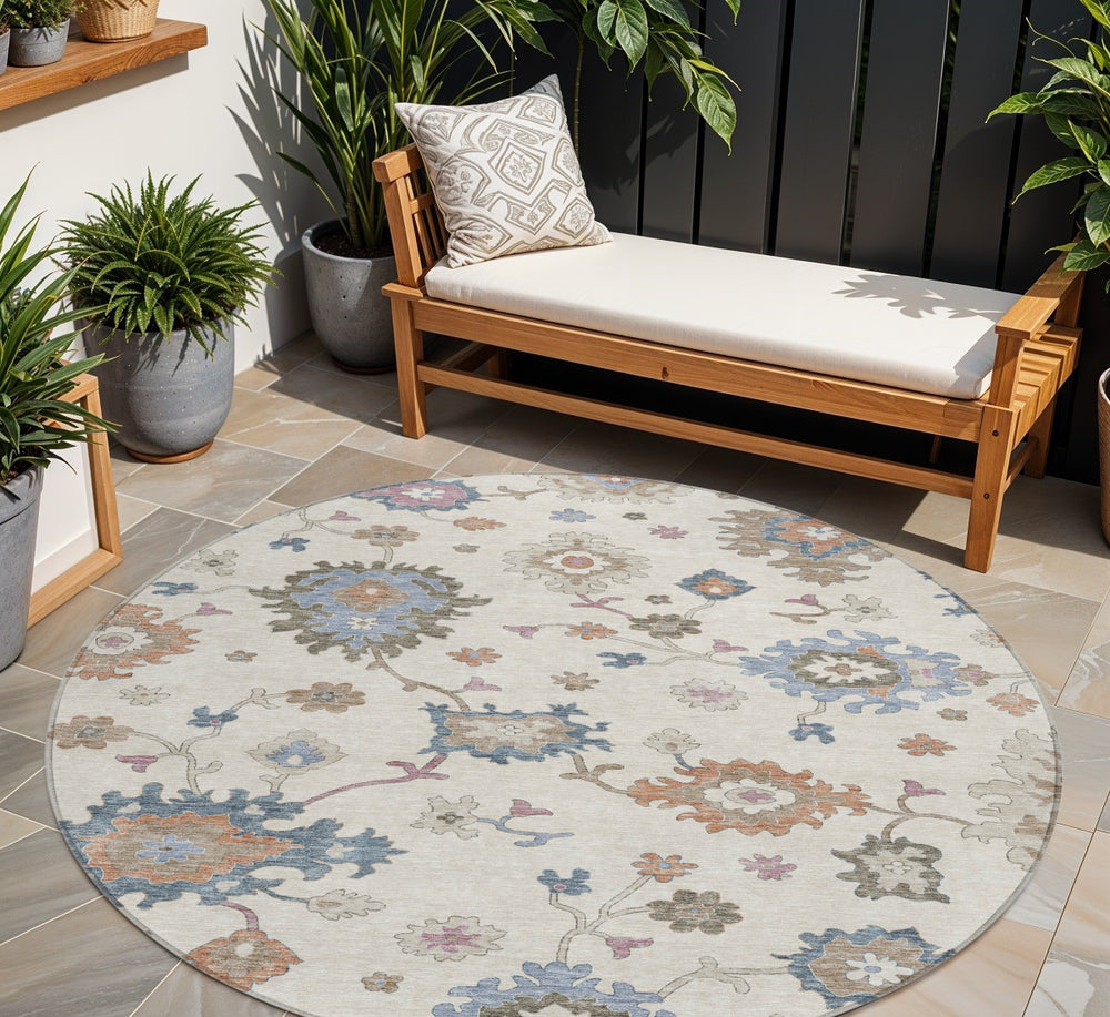 Homeroots 3' Stunning Chocolate Beige And Blue Floral Washable Area Rug For Indoor Or Outdoor Spaces 8' Round Polyester 606160