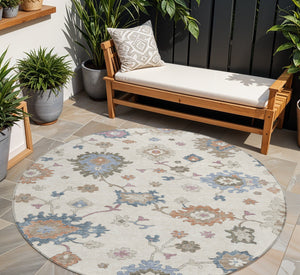 Homeroots 3' Stunning Chocolate Beige And Blue Floral Washable Area Rug For Indoor Or Outdoor Spaces 8' Round Polyester 606160
