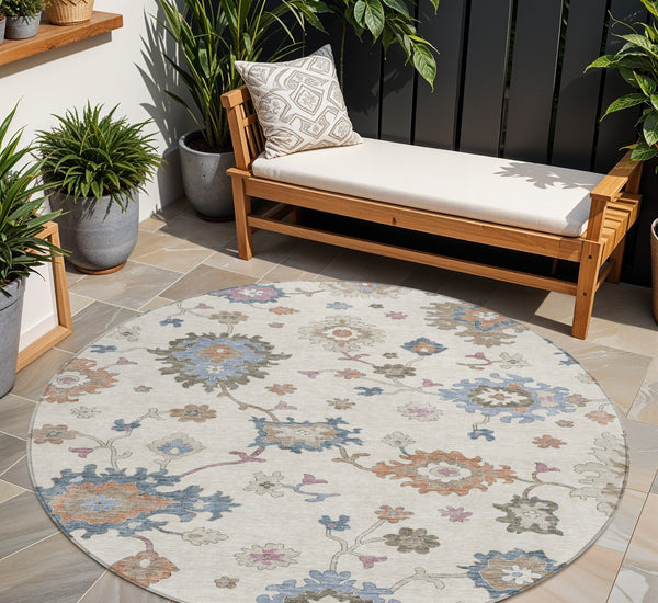 Homeroots 3' Stunning Chocolate Beige And Blue Floral Washable Area Rug For Indoor Or Outdoor Spaces 8' Round Polyester 606160