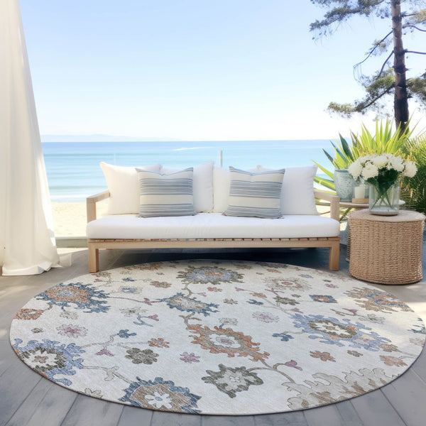 Homeroots 3' Stunning Chocolate Beige And Blue Floral Washable Area Rug For Indoor Or Outdoor Spaces 8' Round Polyester 606160