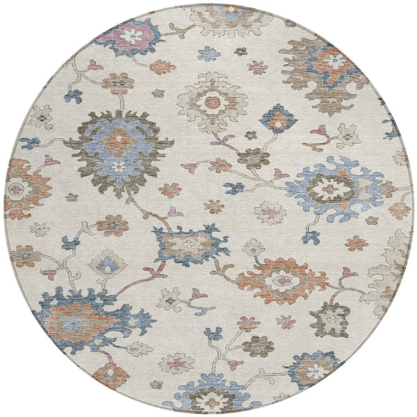 Homeroots 3' Stunning Chocolate Beige And Blue Floral Washable Area Rug For Indoor Or Outdoor Spaces 8' Round Polyester 606160