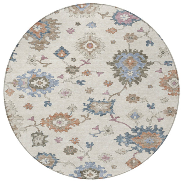 Homeroots 3' Stunning Chocolate Beige And Blue Floral Washable Area Rug For Indoor Or Outdoor Spaces 8' Round Polyester 606160