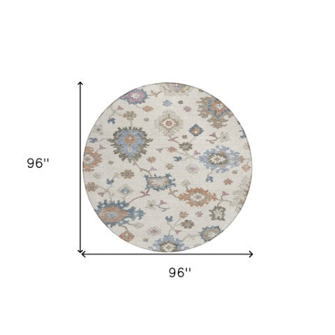 Homeroots 3' Stunning Chocolate Beige And Blue Floral Washable Area Rug For Indoor Or Outdoor Spaces 8' Round Polyester 606160