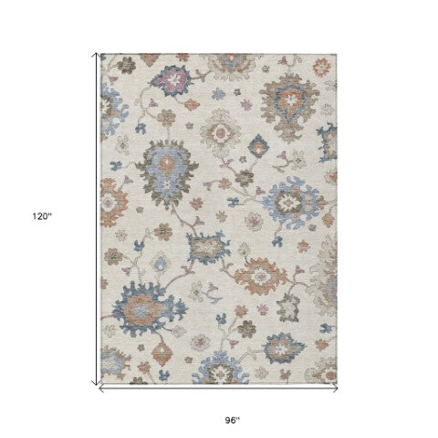 Homeroots 3' Stunning Chocolate Beige And Blue Floral Washable Area Rug For Indoor Or Outdoor Spaces 8' X 10' Polyester 606161