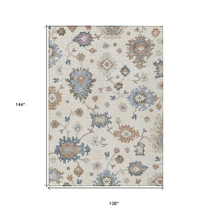 Homeroots 3' Stunning Chocolate Beige And Blue Floral Washable Area Rug For Indoor Or Outdoor Spaces 9' X 12' Polyester 606162
