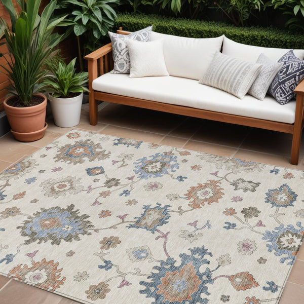 Homeroots 3' Stunning Chocolate Beige And Blue Floral Washable Area Rug For Indoor Or Outdoor Spaces 9' X 12' Polyester 606162