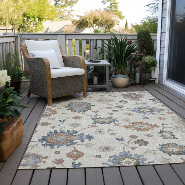 Homeroots 3' Stunning Chocolate Beige And Blue Floral Washable Area Rug For Indoor Or Outdoor Spaces 9' X 12' Polyester 606162