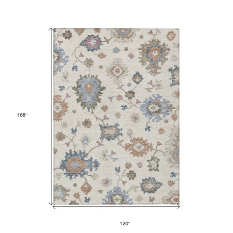 Homeroots 3' Stunning Chocolate Beige And Blue Floral Washable Area Rug For Indoor Or Outdoor Spaces 10' X 14' Polyester 606163