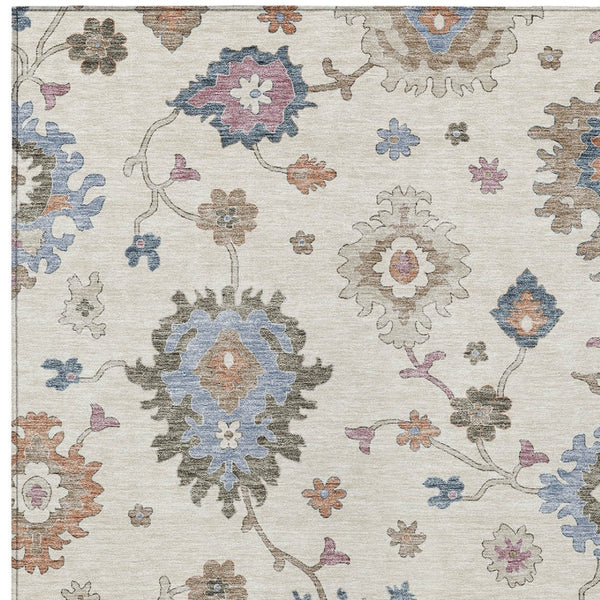 Homeroots 3' Stunning Chocolate Beige And Blue Floral Washable Area Rug For Indoor Or Outdoor Spaces 10' X 14' Polyester 606163