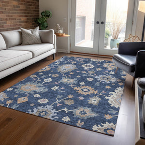 Homeroots 3' Stunning Chocolate Beige And Blue Floral Washable Area Rug For Indoor Or Outdoor Spaces 3' X 5' Polyester 606164