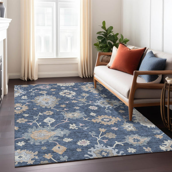 Homeroots 3' Stunning Chocolate Beige And Blue Floral Washable Area Rug For Indoor Or Outdoor Spaces 3' X 5' Polyester 606164