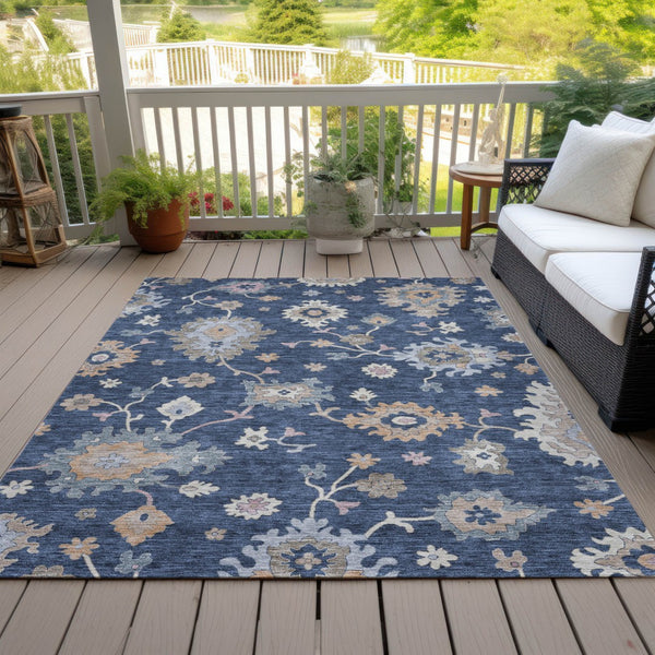 Homeroots 3' Stunning Chocolate Beige And Blue Floral Washable Area Rug For Indoor Or Outdoor Spaces 3' X 5' Polyester 606164