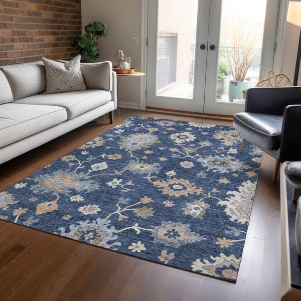 Homeroots 3' Stunning Chocolate Beige And Blue Floral Washable Area Rug For Indoor Or Outdoor Spaces 5' X 8' Polyester 606165