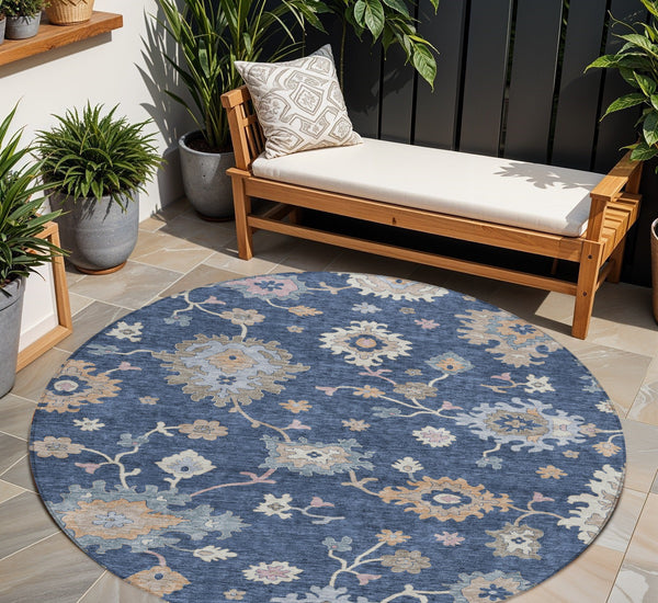 Homeroots 3' Stunning Chocolate Beige And Blue Floral Washable Area Rug For Indoor Or Outdoor Spaces 8' Round Polyester 606166