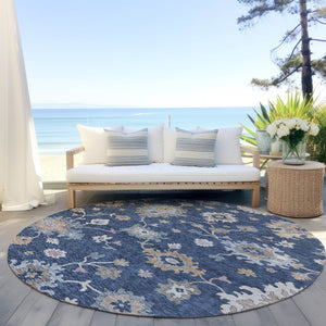 Homeroots 3' Stunning Chocolate Beige And Blue Floral Washable Area Rug For Indoor Or Outdoor Spaces 8' Round Polyester 606166