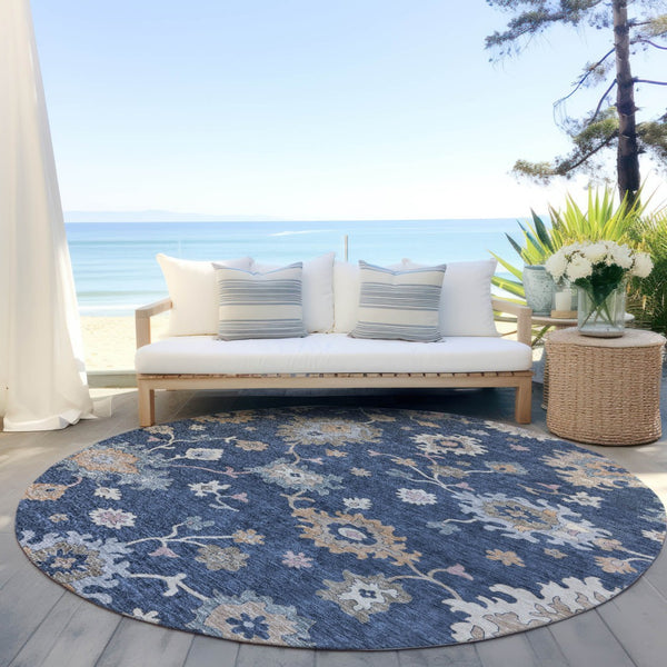 Homeroots 3' Stunning Chocolate Beige And Blue Floral Washable Area Rug For Indoor Or Outdoor Spaces 8' Round Polyester 606166