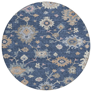 HomeRoots 5' Elegant Floral Area Rug in Navy Blue, Beige & Gray - Stain Resistant for Indoor/Outdoor Use 8' Round 606166