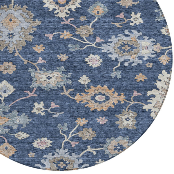 Homeroots 3' Stunning Chocolate Beige And Blue Floral Washable Area Rug For Indoor Or Outdoor Spaces 8' Round Polyester 606166