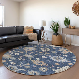 Homeroots 3' Stunning Chocolate Beige And Blue Floral Washable Area Rug For Indoor Or Outdoor Spaces 8' Round Polyester 606166
