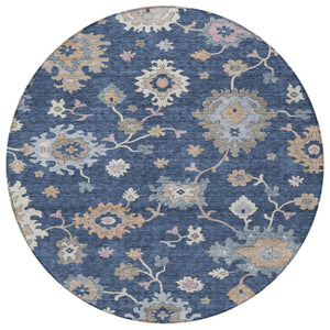 Homeroots 3' Stunning Chocolate Beige And Blue Floral Washable Area Rug For Indoor Or Outdoor Spaces 8' Round Polyester 606166