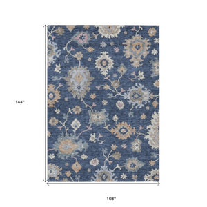 Homeroots 3' Stunning Chocolate Beige And Blue Floral Washable Area Rug For Indoor Or Outdoor Spaces 9' X 12' Polyester 606168