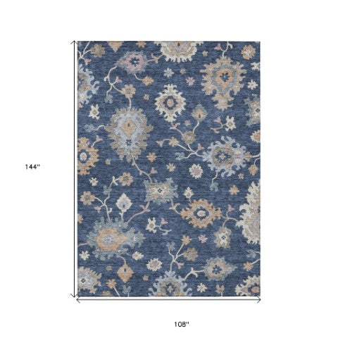 Homeroots 3' Stunning Chocolate Beige And Blue Floral Washable Area Rug For Indoor Or Outdoor Spaces 9' X 12' Polyester 606168