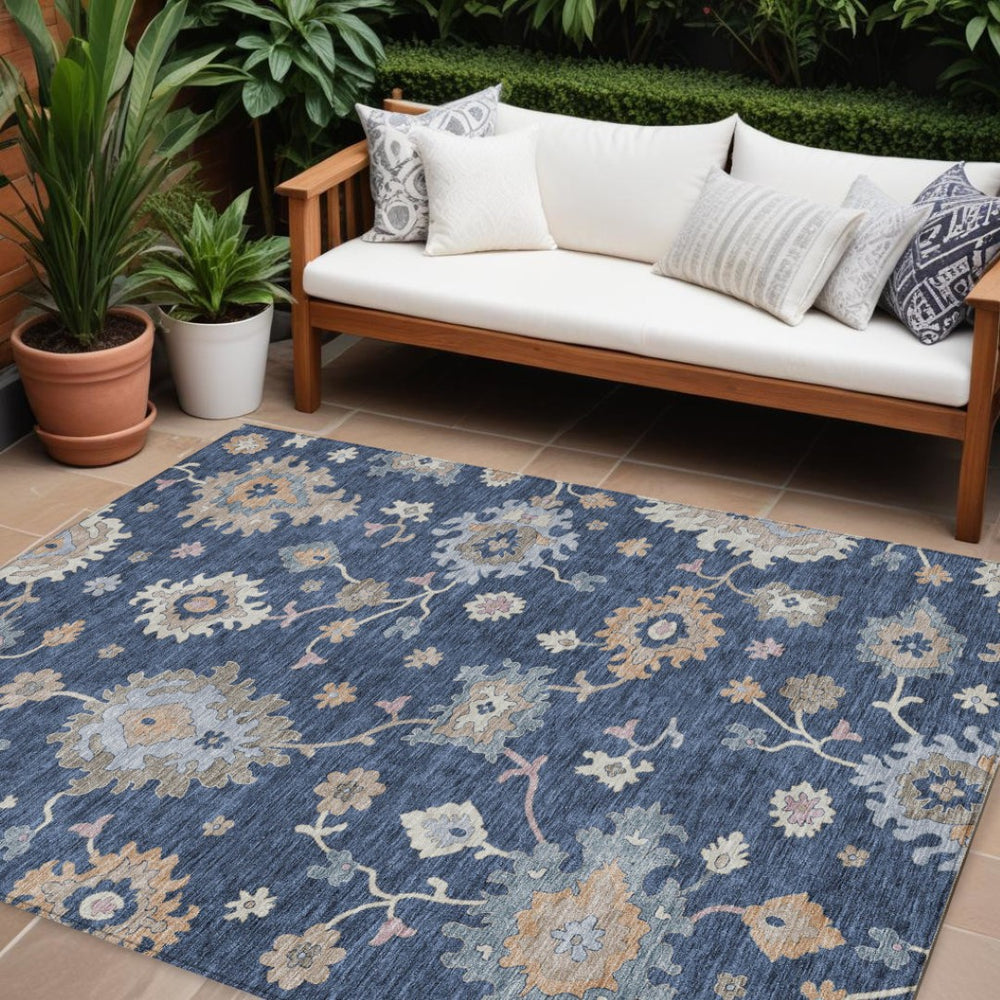 HomeRoots 9' Navy Blue Beige Gray Floral Area Rug – Machine Washable, Durable for Indoor & Outdoor Spaces 606168