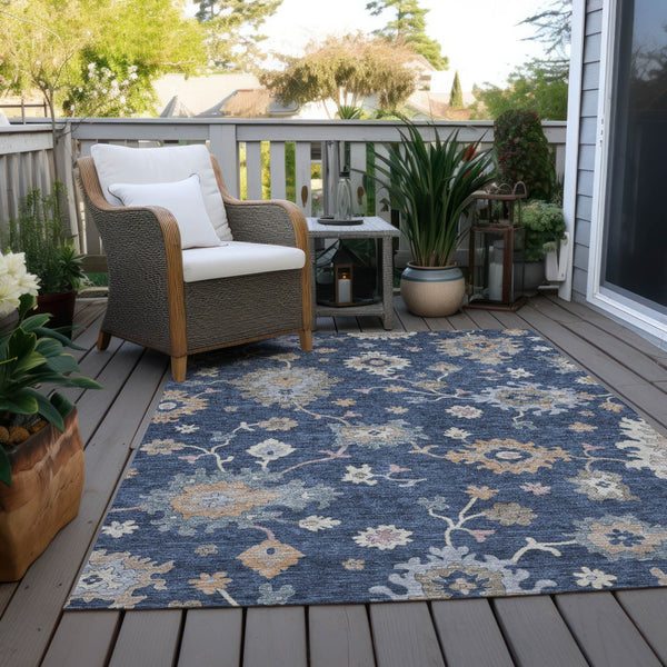 Homeroots 3' Stunning Chocolate Beige And Blue Floral Washable Area Rug For Indoor Or Outdoor Spaces 10' X 14' Polyester 606169