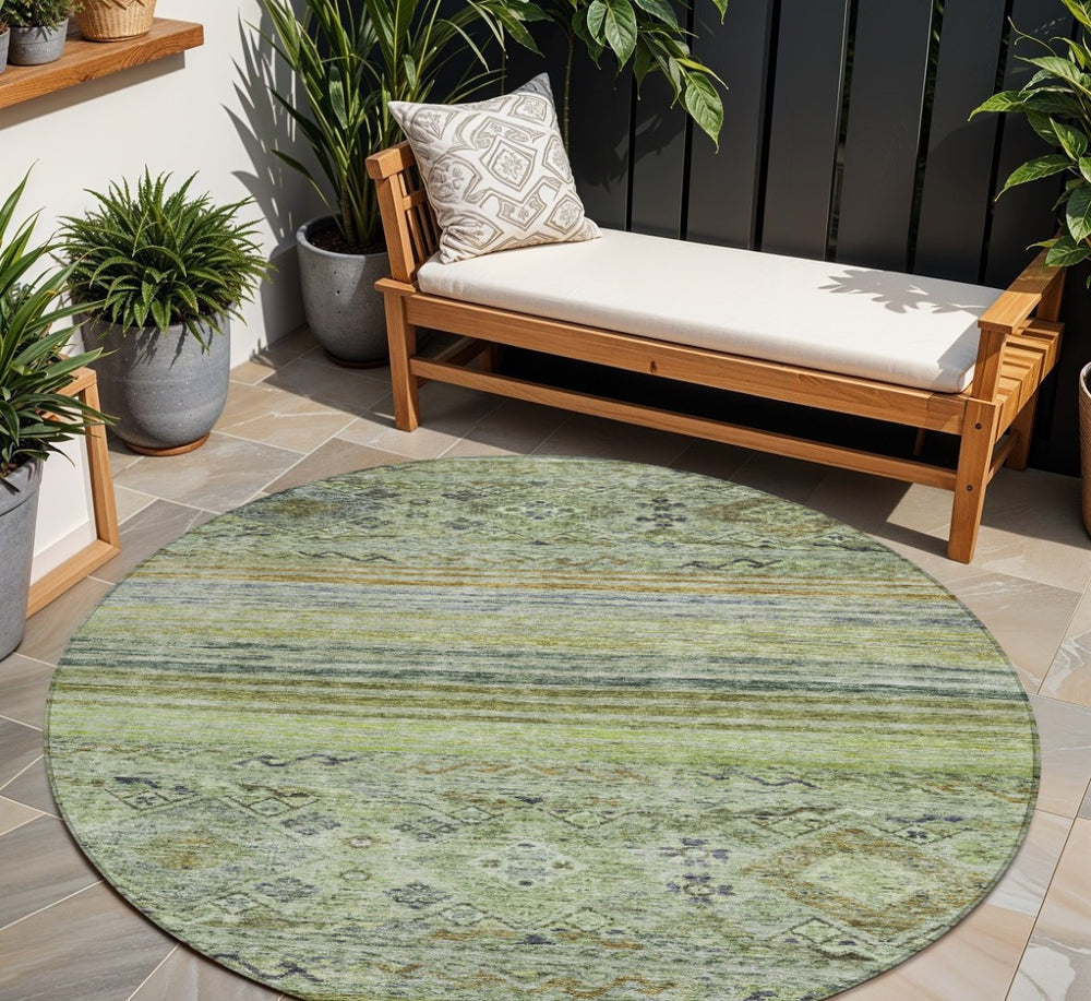 HomeRoots 5' Artichoke Green Blue Black Floral Washable Indoor Outdoor Area Rug for Stylish Living Spaces 8' Round 606172