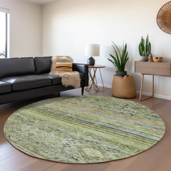 Homeroots 3' Artichoke Green Blue And Black Floral Washable Area Rug For Indoor And Outdoor Spaces 8' Round Polyester 606172
