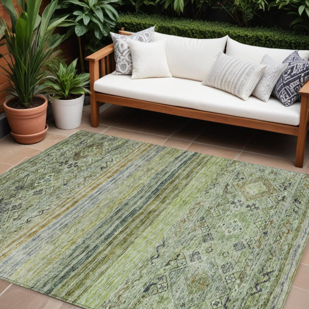 HomeRoots 9' X 12' Washable Indoor/Outdoor Area Rug in Artichoke Green, Blue & Black Floral Design for All Spaces 606174