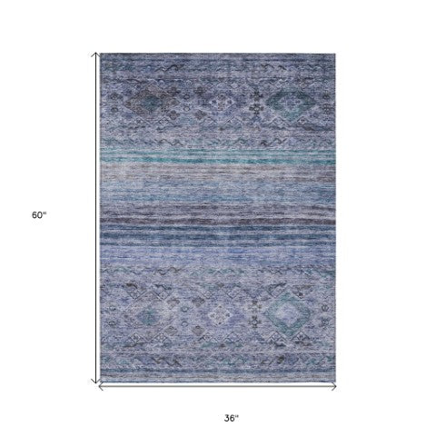 Homeroots 3' Artichoke Green Blue And Black Floral Washable Area Rug For Indoor And Outdoor Spaces 3' X 5' Polyester 606182