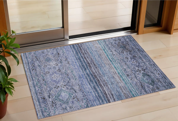 Homeroots 3' Artichoke Green Blue And Black Floral Washable Area Rug For Indoor And Outdoor Spaces 3' X 5' Polyester 606182