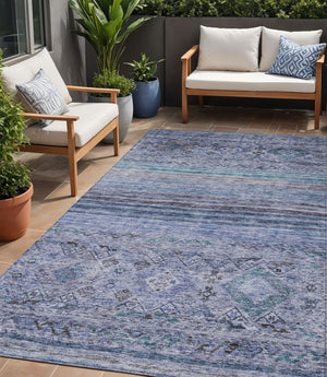 Homeroots 3' Artichoke Green Blue And Black Floral Washable Area Rug For Indoor And Outdoor Spaces 5' X 8' Polyester 606183