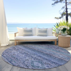 Homeroots 3' Artichoke Green Blue And Black Floral Washable Area Rug For Indoor And Outdoor Spaces 8' Round Polyester 606184