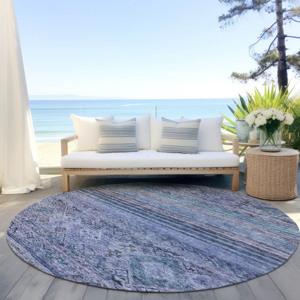 Homeroots 3' Artichoke Green Blue And Black Floral Washable Area Rug For Indoor And Outdoor Spaces 8' Round Polyester 606184