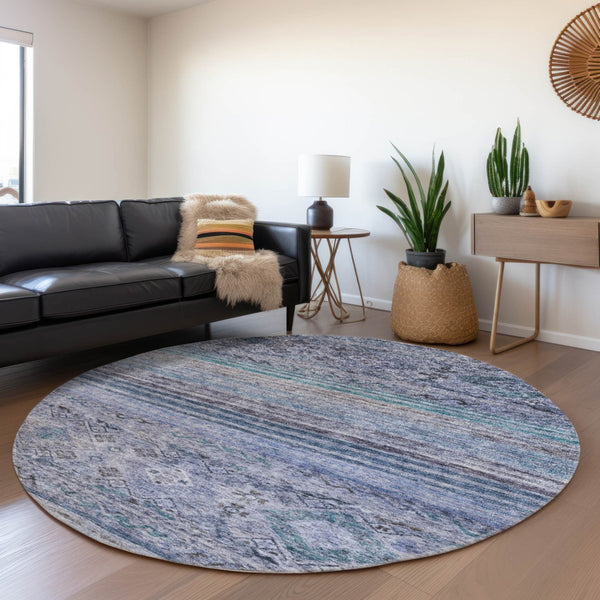 Homeroots 3' Artichoke Green Blue And Black Floral Washable Area Rug For Indoor And Outdoor Spaces 8' Round Polyester 606184