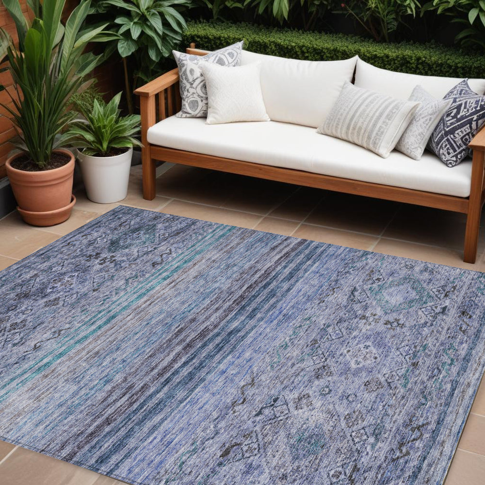 Homeroots 3' Artichoke Green Blue And Black Floral Washable Area Rug For Indoor And Outdoor Spaces 9' X 12' Polyester 606186