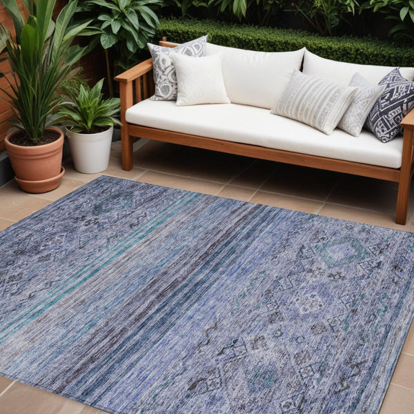 Homeroots 3' Artichoke Green Blue And Black Floral Washable Area Rug For Indoor And Outdoor Spaces 10' X 14' Polyester 606187