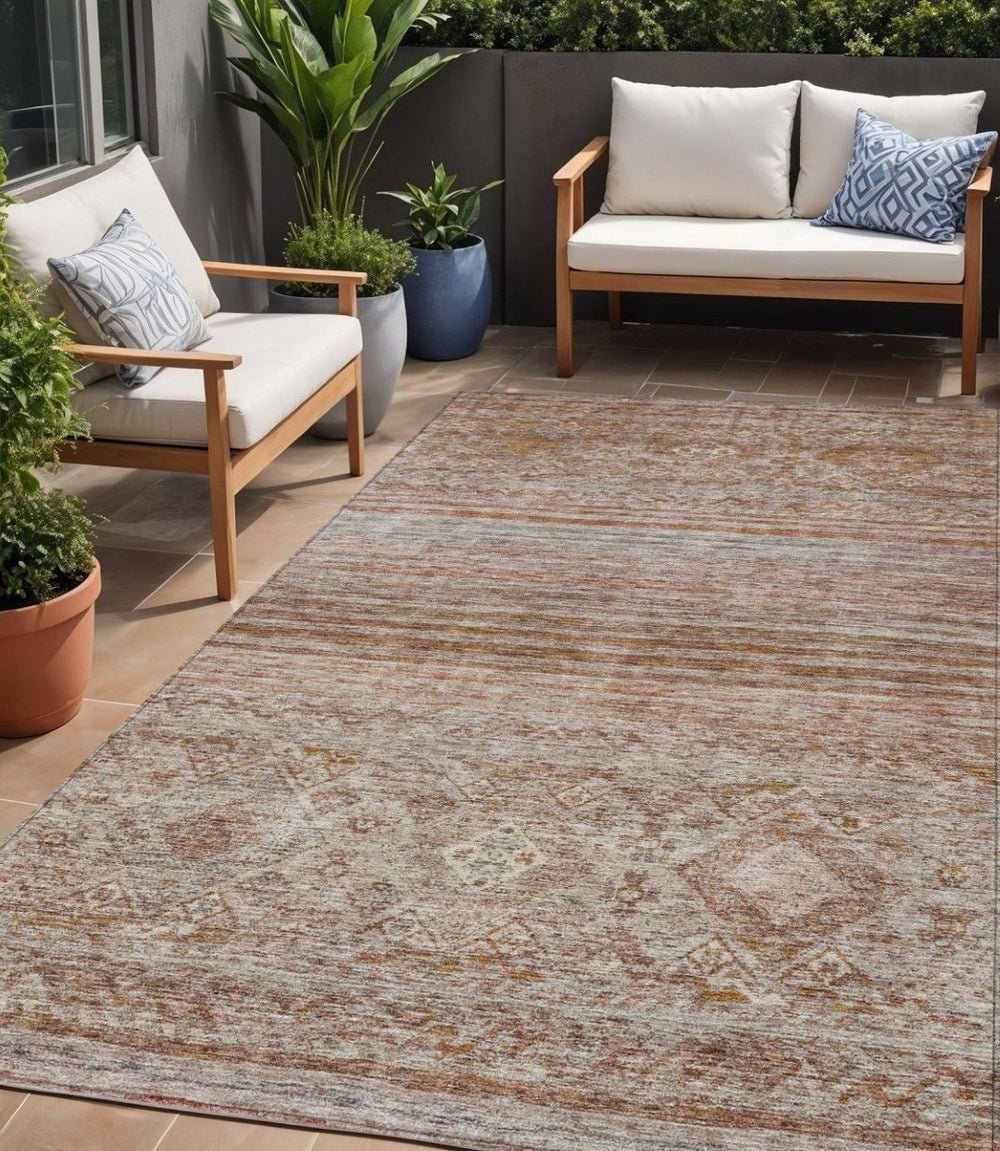 HomeRoots 5' Indoor Outdoor Floral Area Rug in Copper, Tan, and Beige - Stylish, Durable & Washable Design 5' X 8' 606189