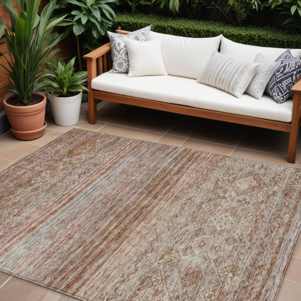 HomeRoots 9' X 12' Copper Tan Floral Area Rug - Durable Washable Design for Indoor & Outdoor Spaces, Elegant Charm 606192